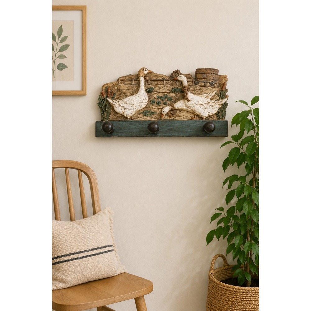 Vintage Resin Goose Wall Hook Rack Rustic Farmhouse Organizer 3 Wood Hooks Green